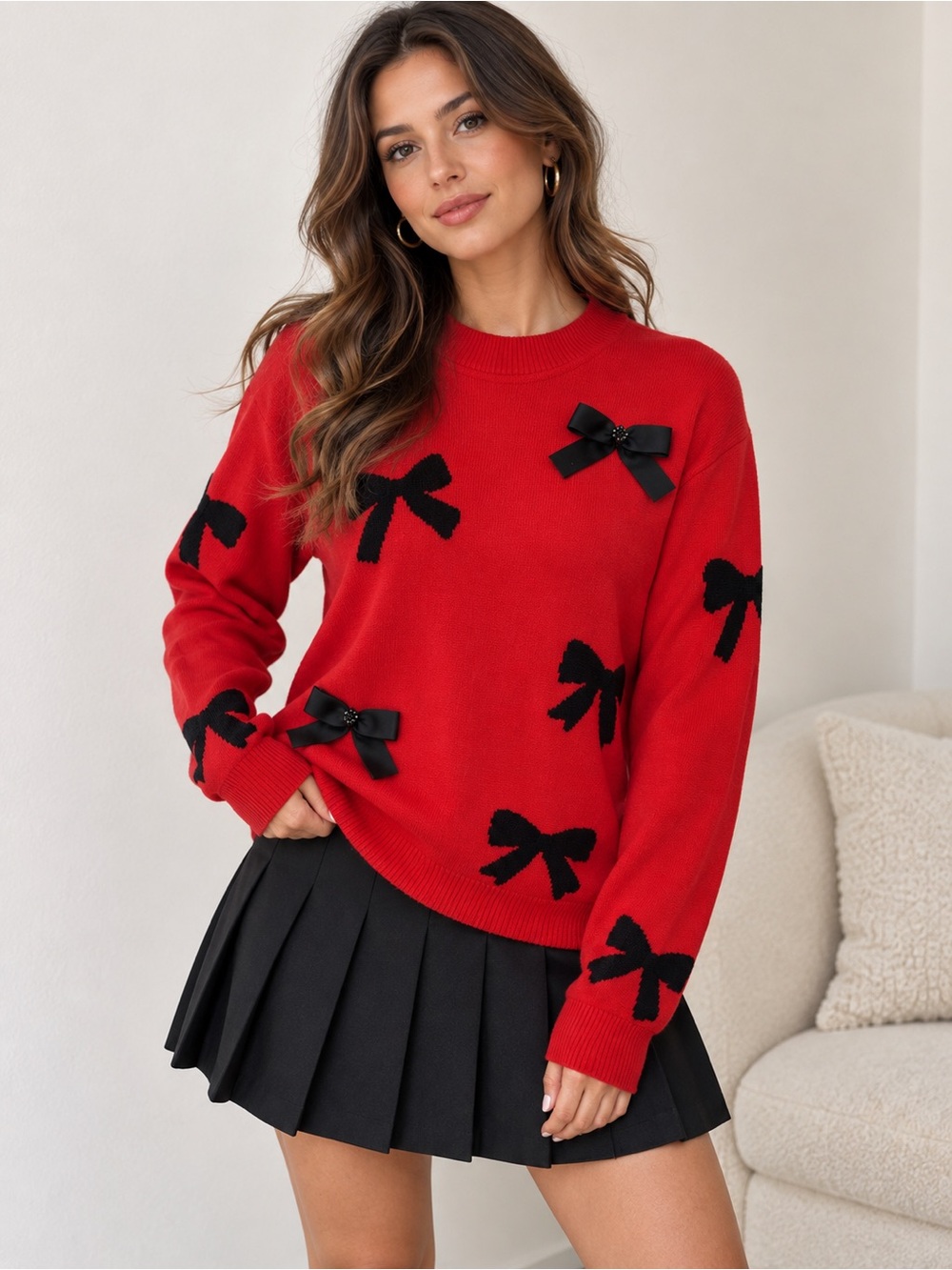 Karl Lagerfeld Paris Sweater Women's Red Black Bow Crystal Size L NWT